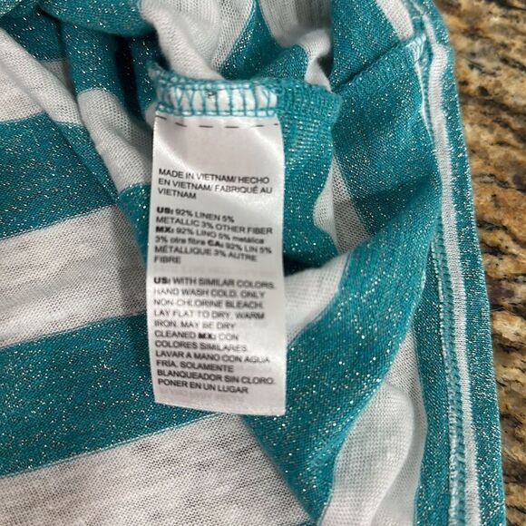 Chico’s Linen Blend Aqua Stripe V-neck Tee Size XL - Picture 7 of 9
